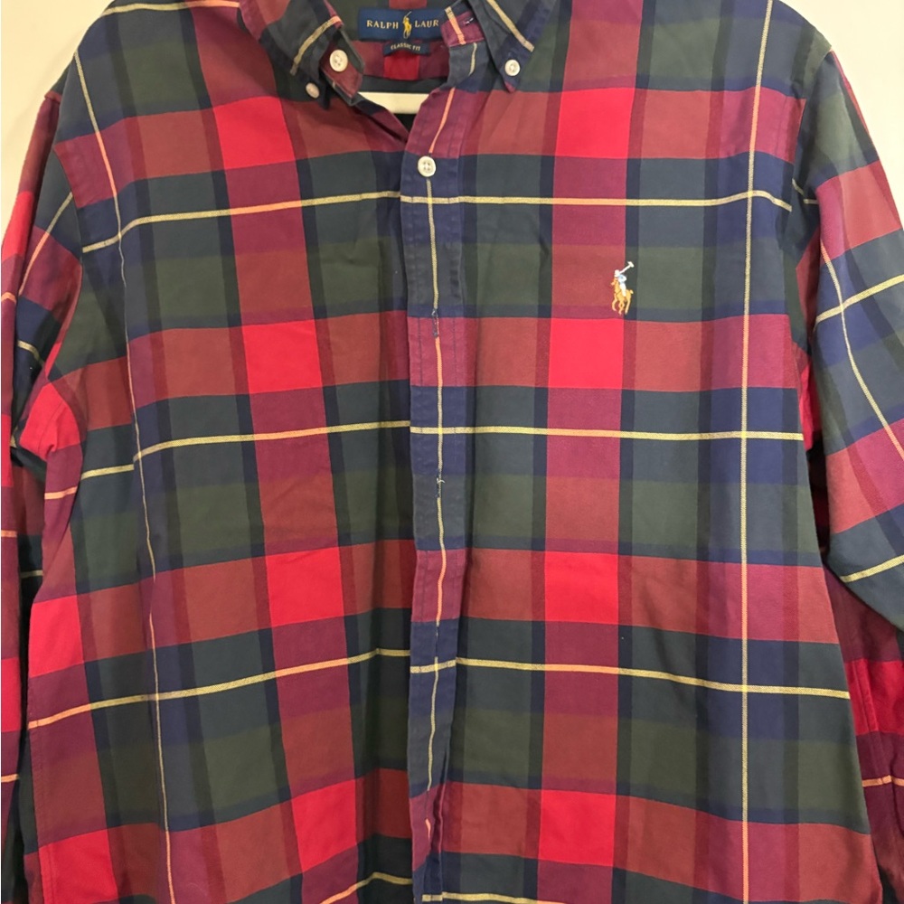 Ralph Lauren Men's Red and Navy Checkered Shirt
